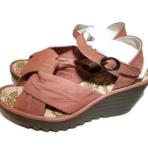 Fly London leather ankle strap wedge sandals rose